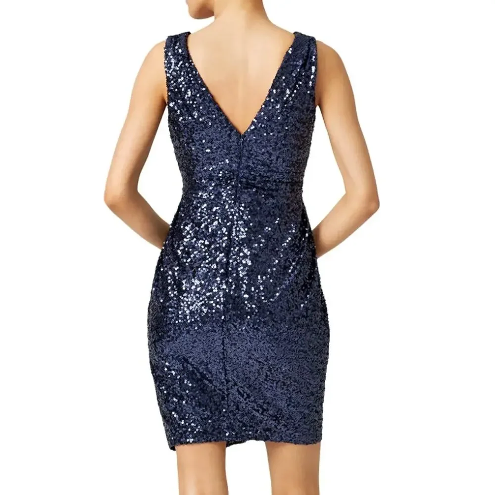 Badgley Mischka Blue Sequin Sheath Dress Size 6 Ruched Designer Cocktail $395 - Picture 2 of 9
